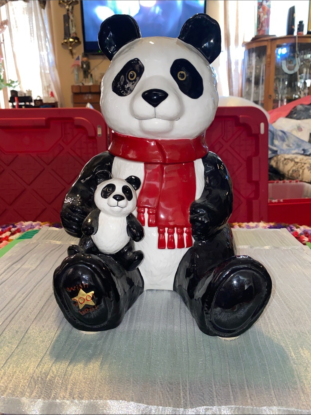 Rare Find 2001 Wish Bear Panda with Red Scarf and Baby - Cookie Jar